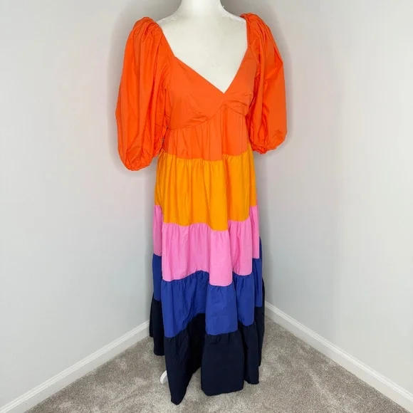 Farm Rio Puff Sleeve Colorblock Maxi Dress XS - Picture 3 of 8